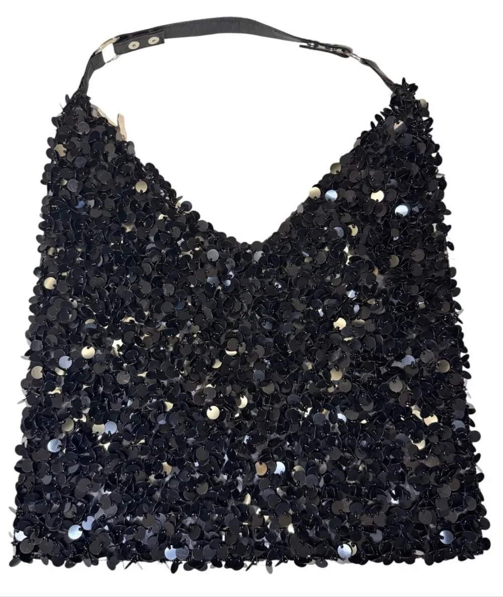 Big Buddah Sequin Slouch Hobo Shoulder Bag Black Vintage Fancy Boho